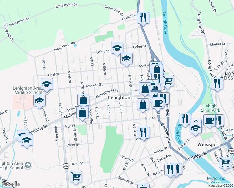 map of restaurants, bars, coffee shops, grocery stores, and more near 401 Mahoning Street in Lehighton