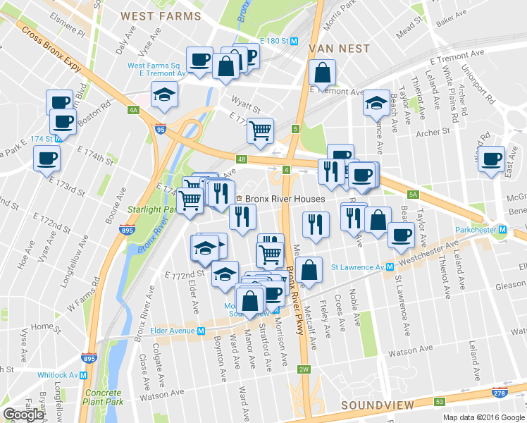 map of restaurants, bars, coffee shops, grocery stores, and more near 1635 East 174th Street in Bronx