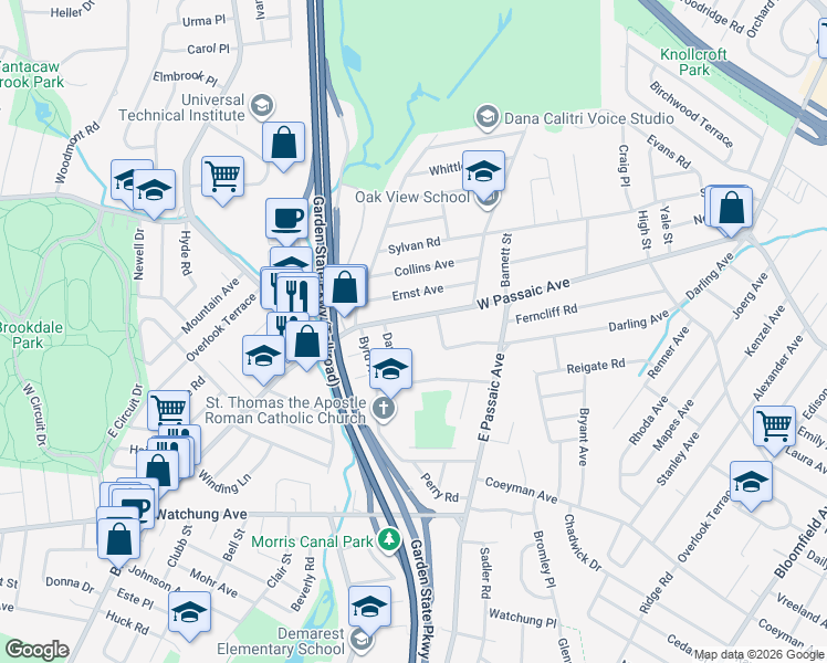 map of restaurants, bars, coffee shops, grocery stores, and more near 96 West Passaic Avenue in Bloomfield