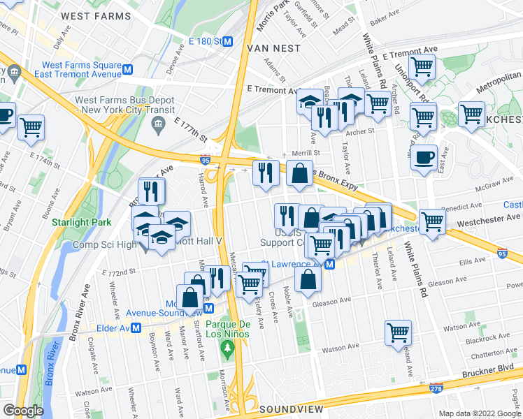 map of restaurants, bars, coffee shops, grocery stores, and more near 1693 East 174th Street in The Bronx