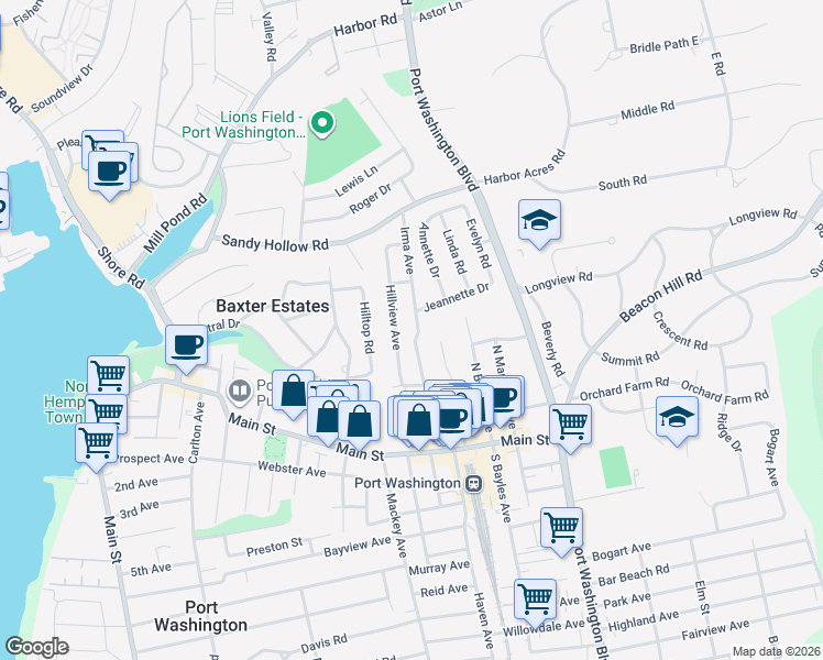 map of restaurants, bars, coffee shops, grocery stores, and more near 31 Hillview Avenue in Port Washington