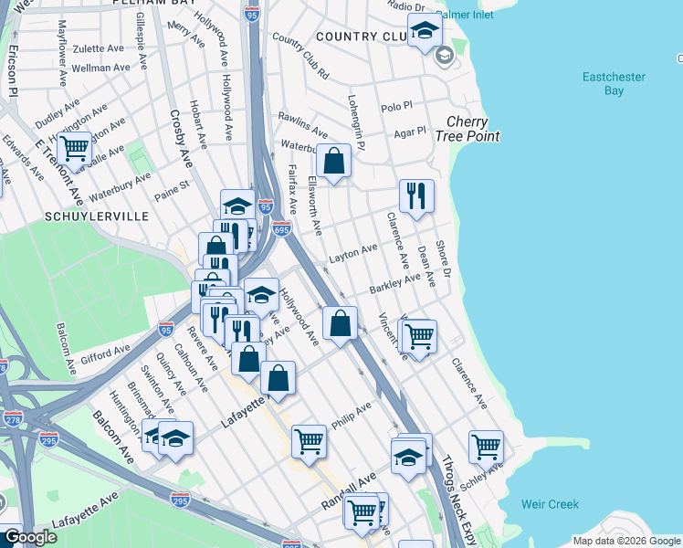 map of restaurants, bars, coffee shops, grocery stores, and more near 3184 Layton Avenue in Bronx