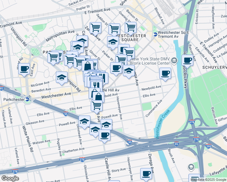 map of restaurants, bars, coffee shops, grocery stores, and more near 211 Waterbury Avenue in The Bronx