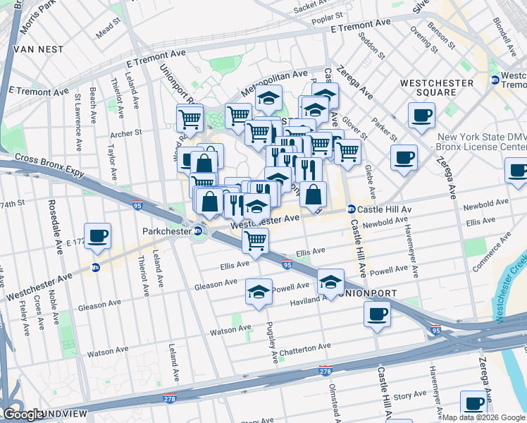 map of restaurants, bars, coffee shops, grocery stores, and more near 2021 Benedict Avenue in Bronx