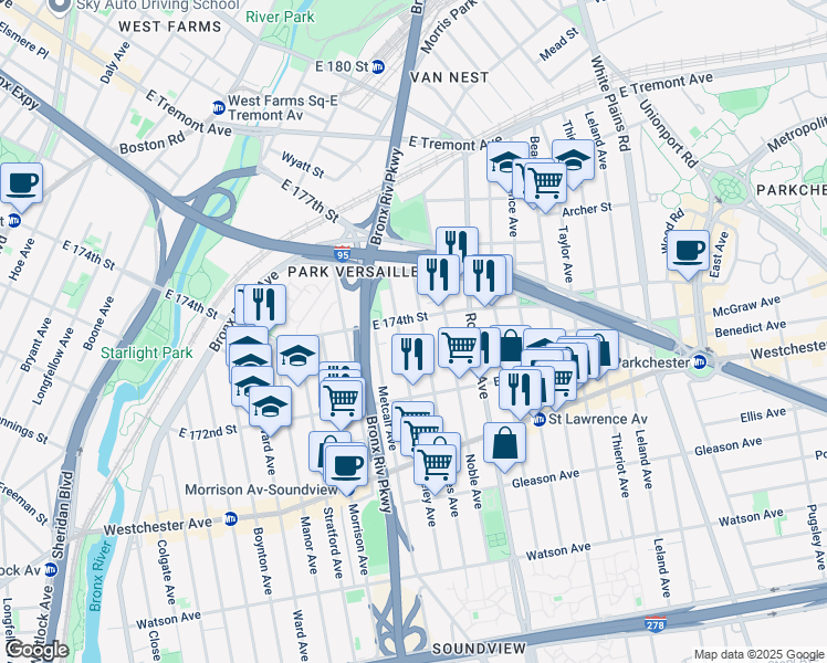 map of restaurants, bars, coffee shops, grocery stores, and more near 1693 East 174th Street in The Bronx