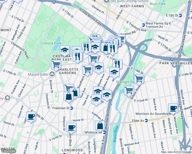 map of restaurants, bars, coffee shops, grocery stores, and more near 1562 Vyse Avenue in The Bronx