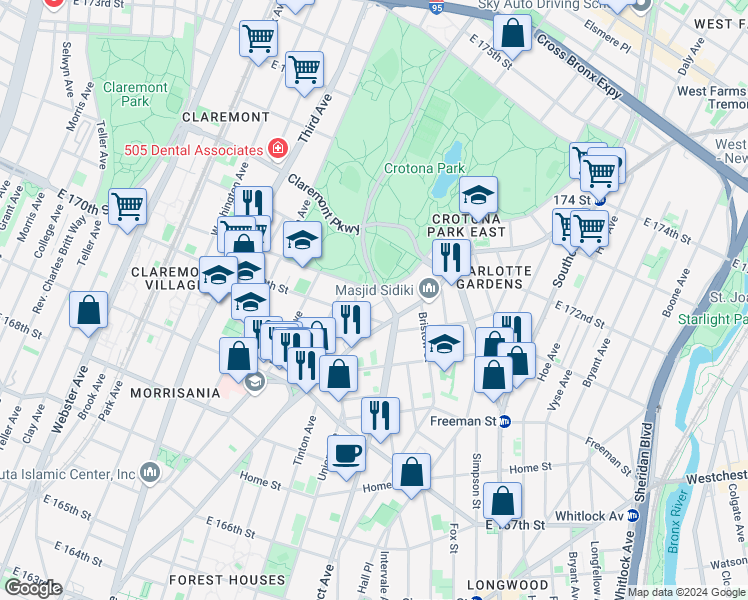 map of restaurants, bars, coffee shops, grocery stores, and more near 662 Crotona Park South in Bronx