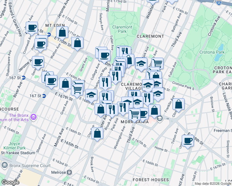 map of restaurants, bars, coffee shops, grocery stores, and more near 1334 Webster Avenue in The Bronx