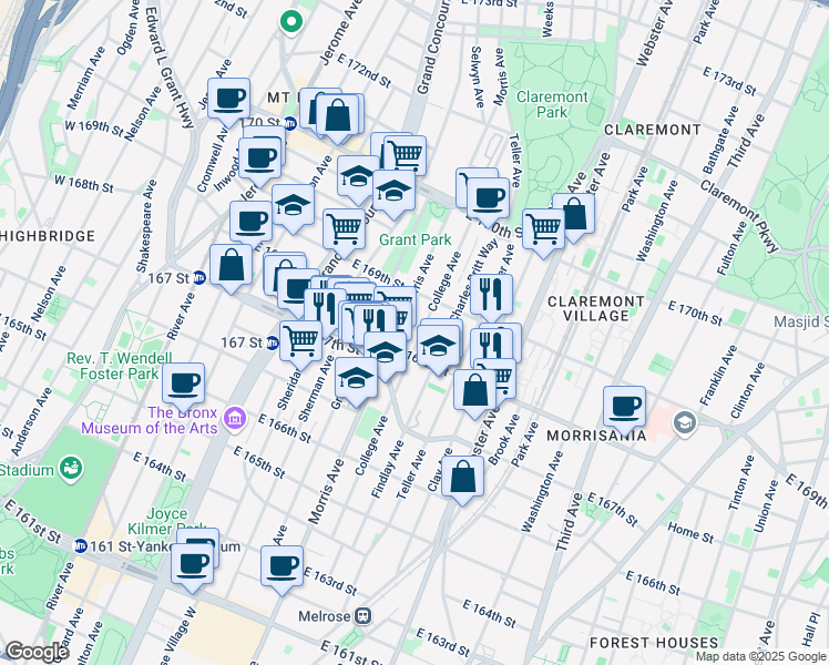 map of restaurants, bars, coffee shops, grocery stores, and more near in The Bronx