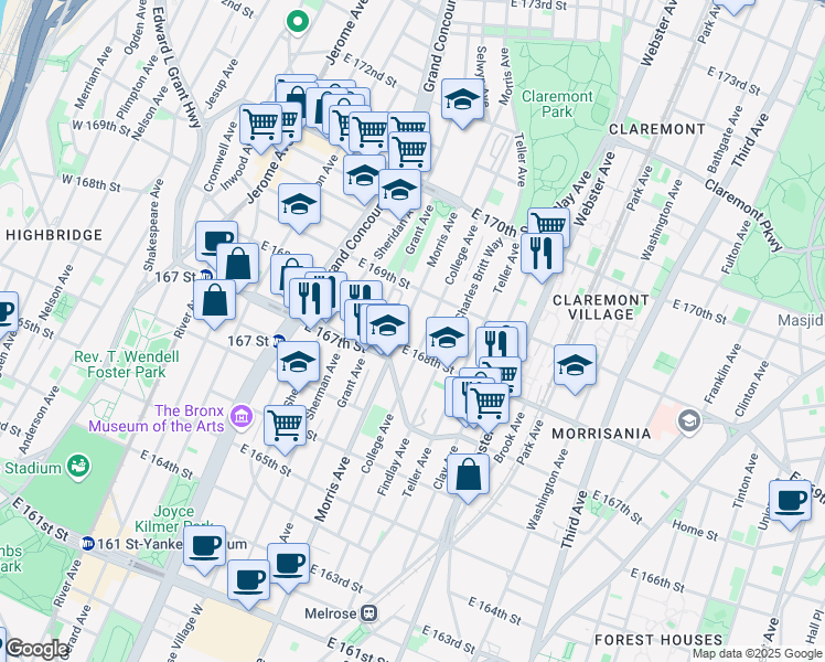 map of restaurants, bars, coffee shops, grocery stores, and more near in The Bronx