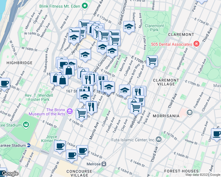 map of restaurants, bars, coffee shops, grocery stores, and more near 1268 Grant Avenue in The Bronx