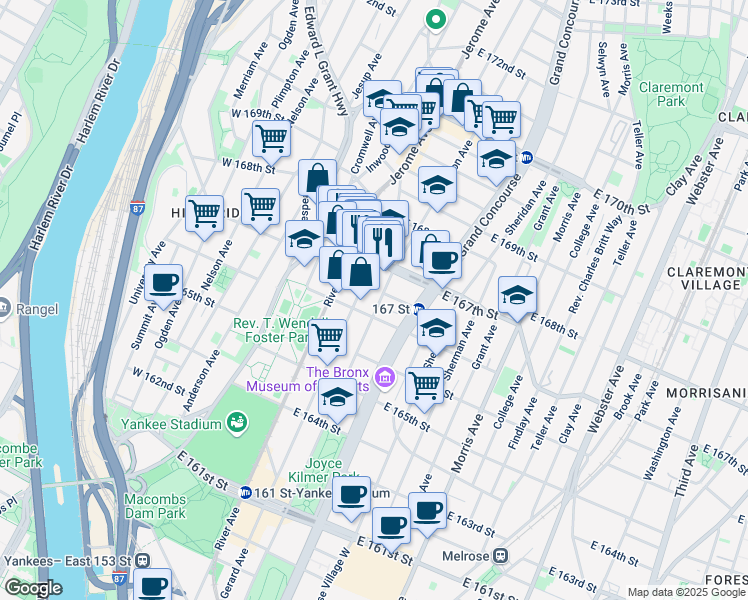 map of restaurants, bars, coffee shops, grocery stores, and more near in The Bronx