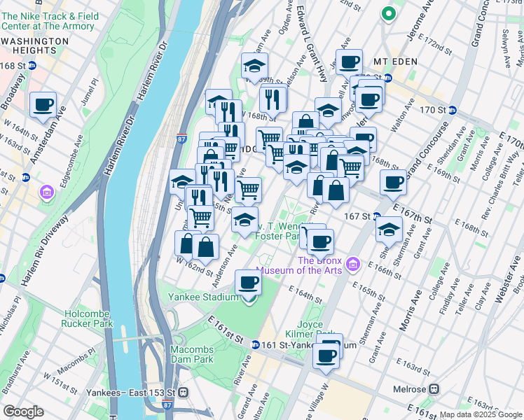 map of restaurants, bars, coffee shops, grocery stores, and more near in The Bronx