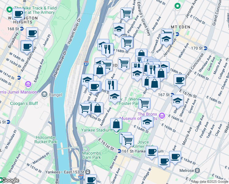 map of restaurants, bars, coffee shops, grocery stores, and more near in The Bronx