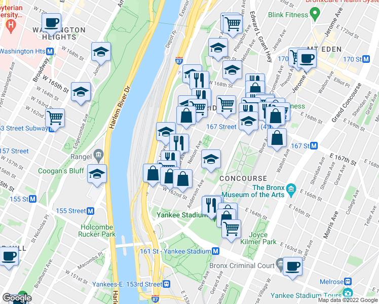 map of restaurants, bars, coffee shops, grocery stores, and more near 1049 Ogden Avenue in Bronx