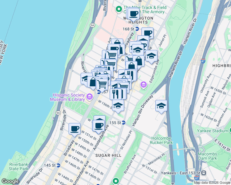 map of restaurants, bars, coffee shops, grocery stores, and more near 528 West 159th Street in New York