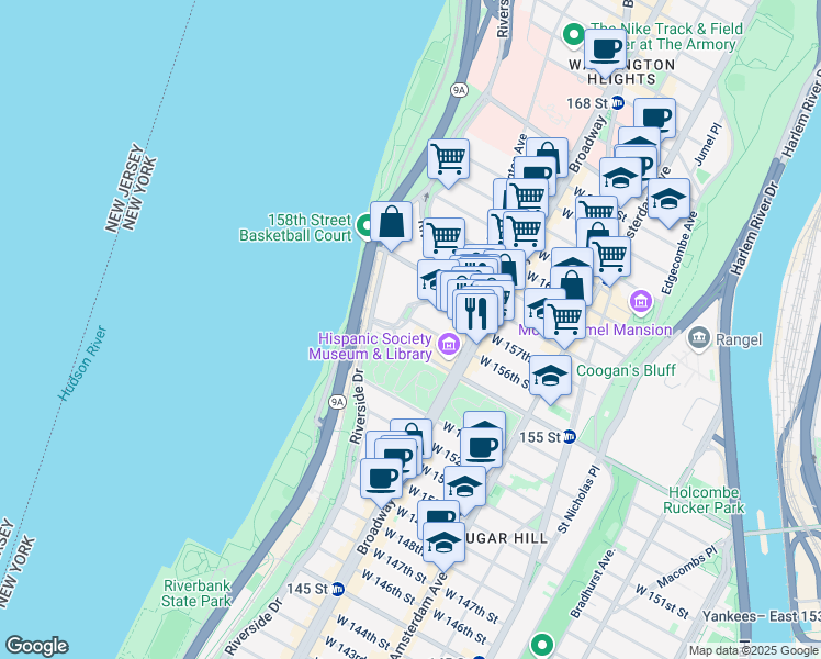 map of restaurants, bars, coffee shops, grocery stores, and more near 790 Riverside Drive in New York