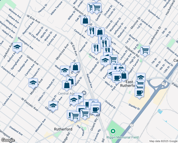 map of restaurants, bars, coffee shops, grocery stores, and more near 316 Main Street in East Rutherford