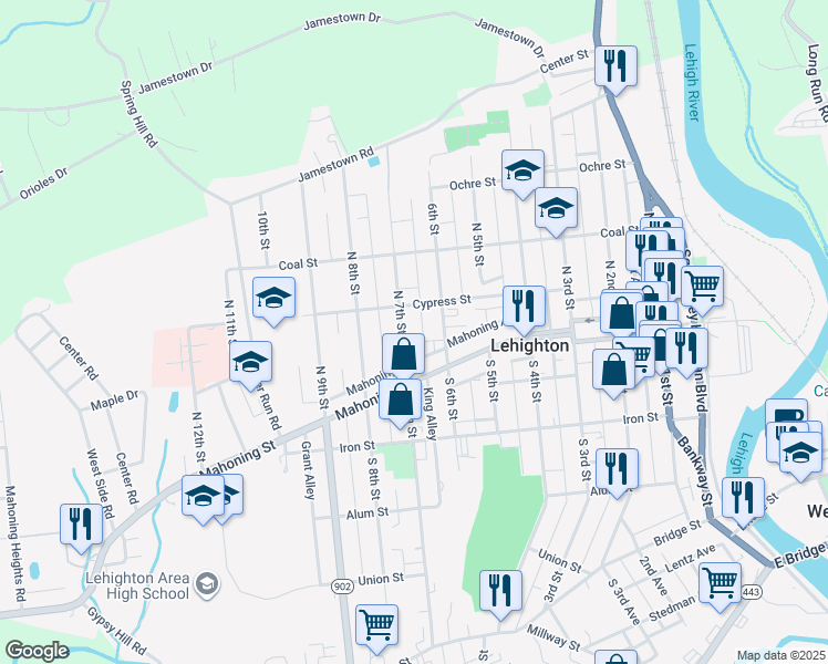 map of restaurants, bars, coffee shops, grocery stores, and more near 183 North 7th Street in Lehighton