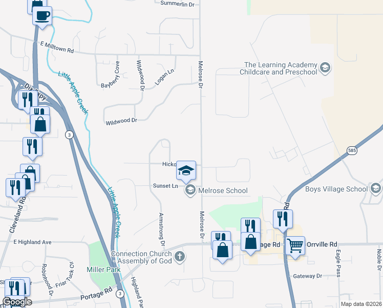 map of restaurants, bars, coffee shops, grocery stores, and more near 2920 Melrose Drive in Wooster