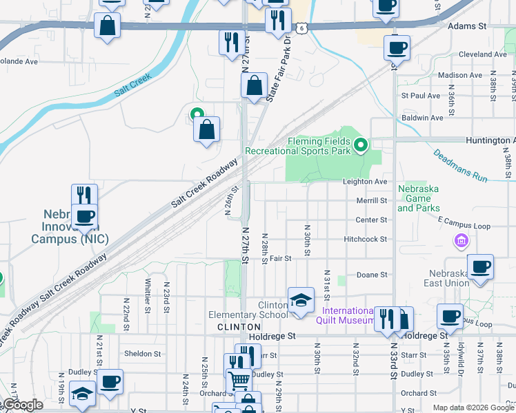 map of restaurants, bars, coffee shops, grocery stores, and more near 2201 North 28th Street in Lincoln