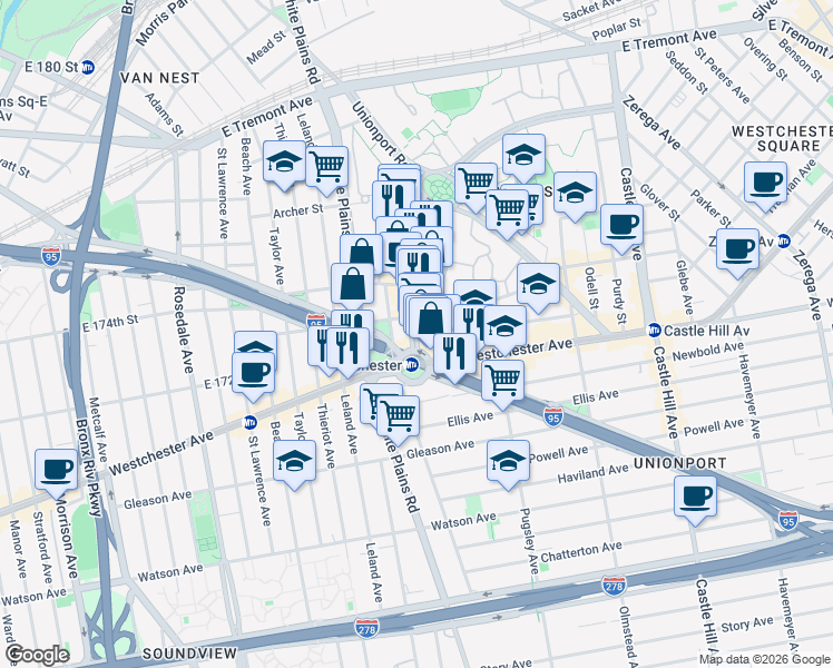 map of restaurants, bars, coffee shops, grocery stores, and more near 790 Metropolitan Avenue in Bronx