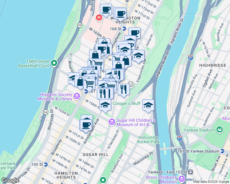 map of restaurants, bars, coffee shops, grocery stores, and more near 481 West 159th Street in New York