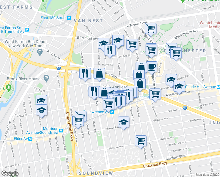 map of restaurants, bars, coffee shops, grocery stores, and more near 1340 St Lawrence Ave in Bronx