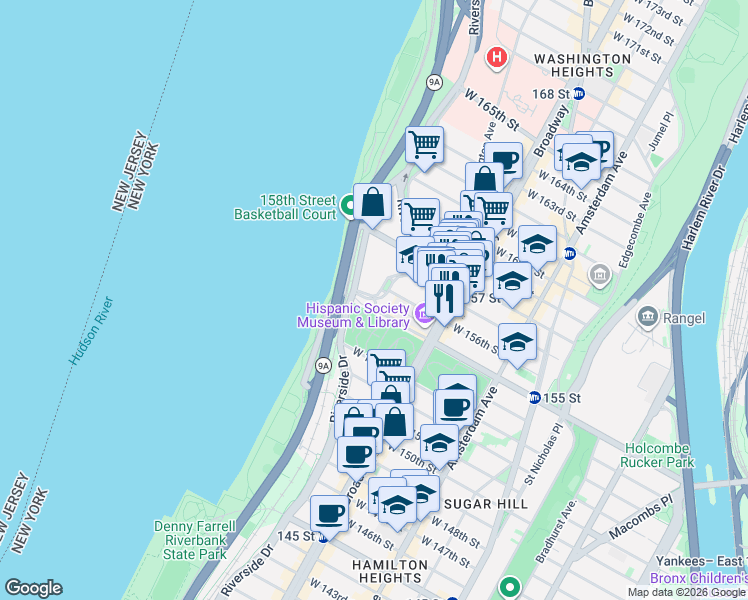 map of restaurants, bars, coffee shops, grocery stores, and more near Riverside Dr & W 155th St in New York