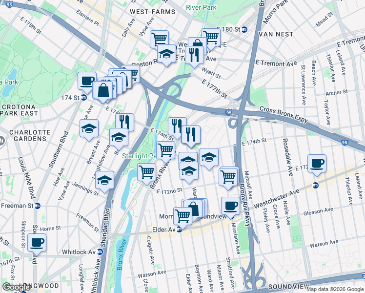 map of restaurants, bars, coffee shops, grocery stores, and more near 1413 Bronx River Avenue in Bronx