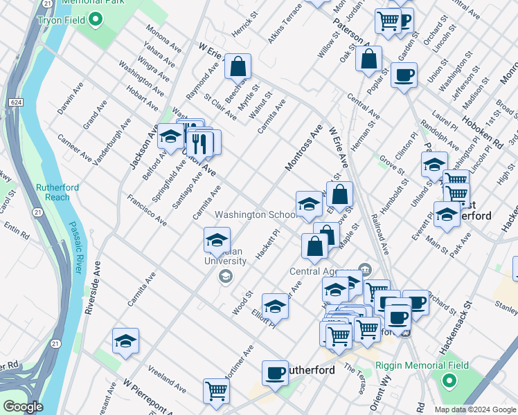 map of restaurants, bars, coffee shops, grocery stores, and more near Union Avenue in Rutherford