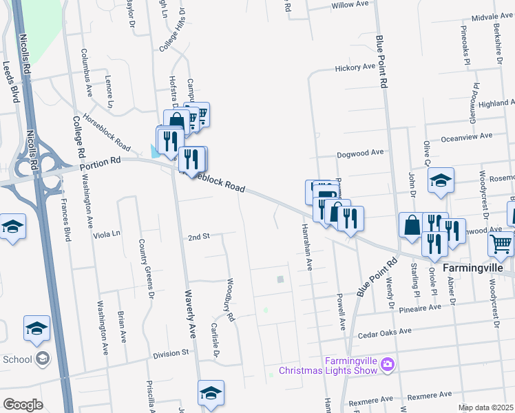 map of restaurants, bars, coffee shops, grocery stores, and more near 510 Horseblock Road in Farmingville