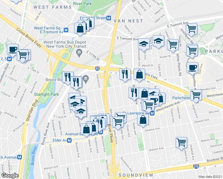 map of restaurants, bars, coffee shops, grocery stores, and more near 1670 East 174th Street in Bronx