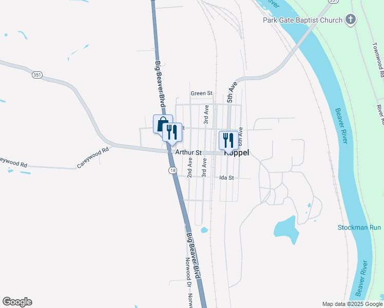 map of restaurants, bars, coffee shops, grocery stores, and more near 2430 2nd Avenue in Koppel