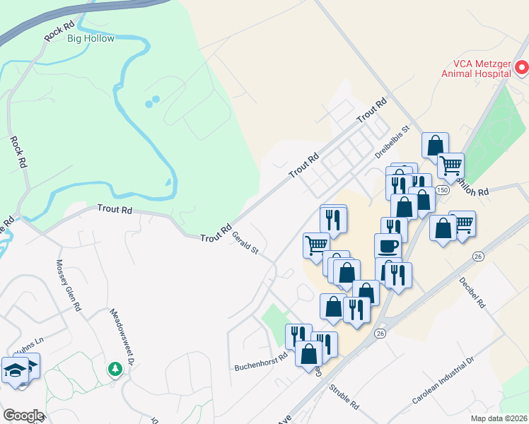 map of restaurants, bars, coffee shops, grocery stores, and more near 1300-1420 Trout Road in State College