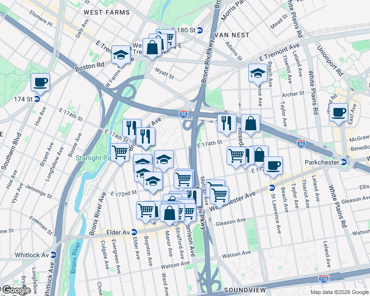 map of restaurants, bars, coffee shops, grocery stores, and more near E 174th St & Harrod Ave in Bronx
