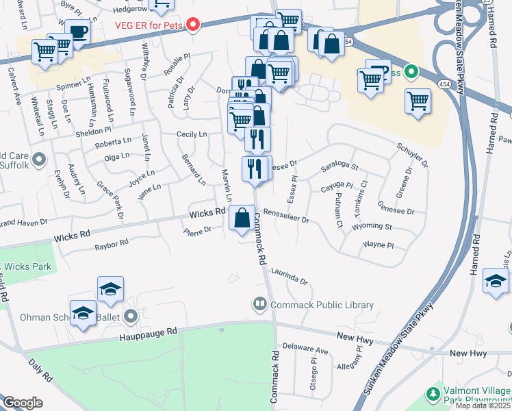 map of restaurants, bars, coffee shops, grocery stores, and more near Commack Rd & Wicks Rd in Commack