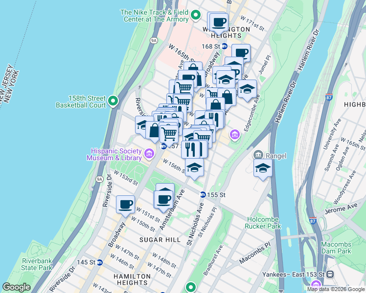 map of restaurants, bars, coffee shops, grocery stores, and more near 530 West 158th Street in New York