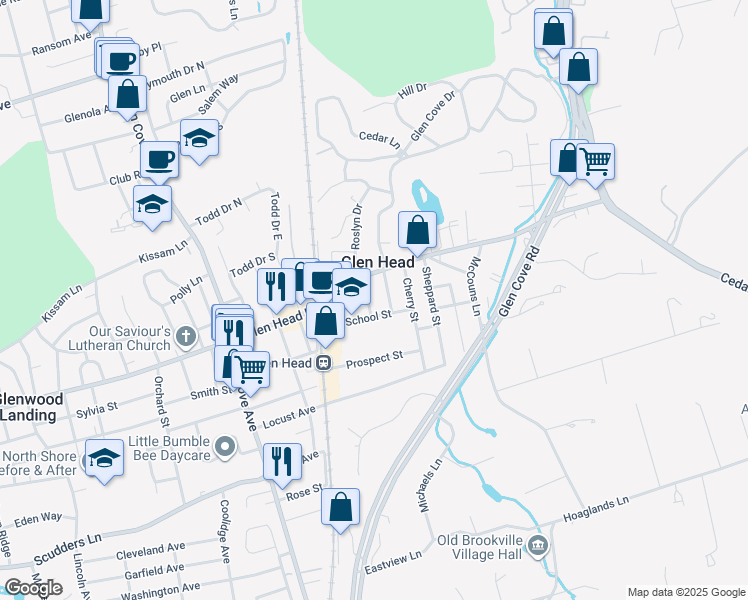 map of restaurants, bars, coffee shops, grocery stores, and more near 1 Benjamin Street in Glen Head