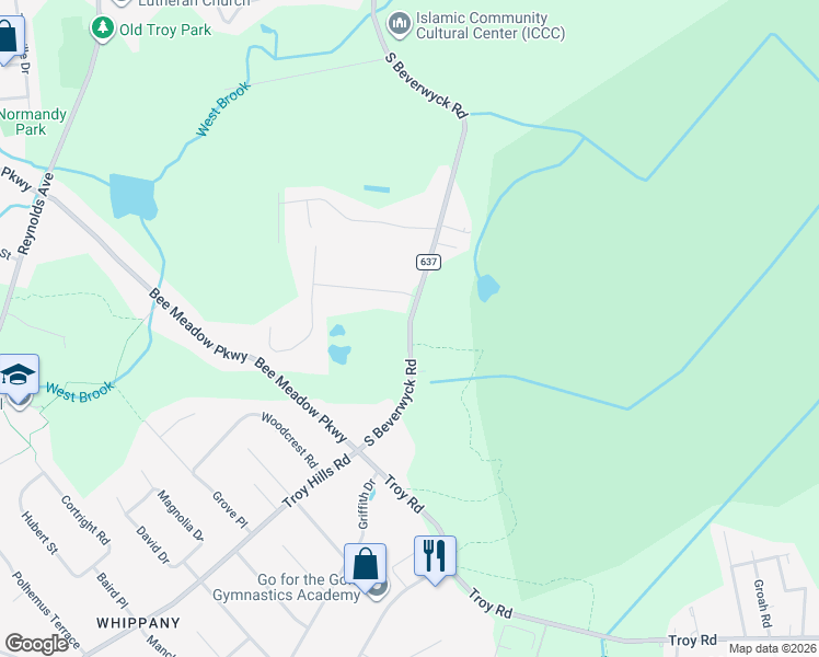 map of restaurants, bars, coffee shops, grocery stores, and more near 1189 South Beverwyck Road in Parsippany-Troy Hills