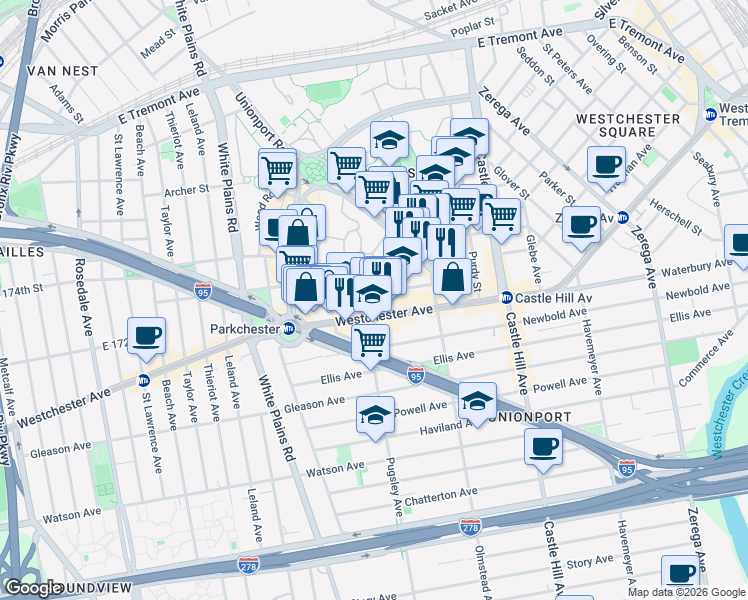 map of restaurants, bars, coffee shops, grocery stores, and more near 2021 Benedict Avenue in Bronx
