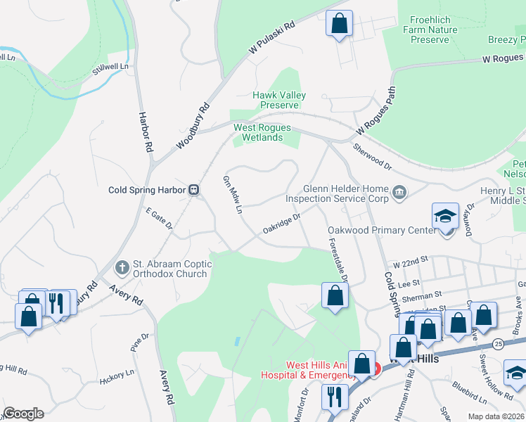 map of restaurants, bars, coffee shops, grocery stores, and more near 6 Sheep Pasture Lane in Huntington