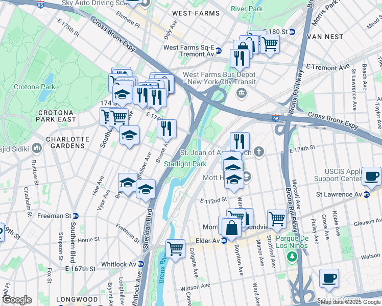 map of restaurants, bars, coffee shops, grocery stores, and more near 1490 Sheridan Boulevard in Bronx
