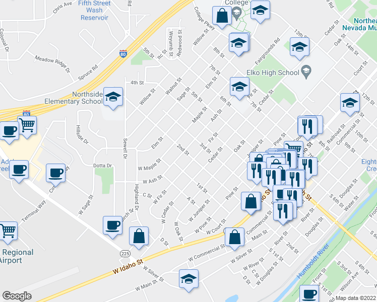 map of restaurants, bars, coffee shops, grocery stores, and more near 200 Ash Street in Elko