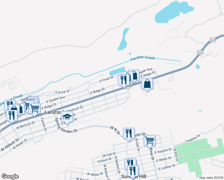 map of restaurants, bars, coffee shops, grocery stores, and more near 500-598 East Ridge Street in Lansford