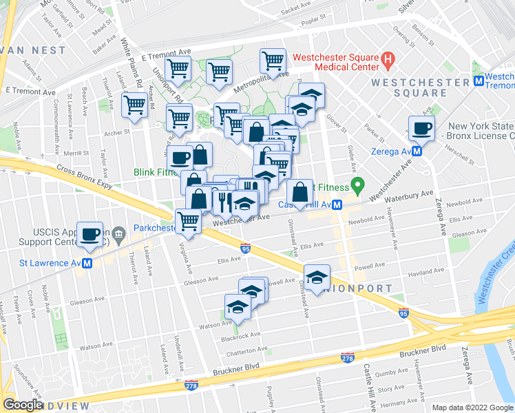 map of restaurants, bars, coffee shops, grocery stores, and more near 2021 Benedict Avenue in Bronx