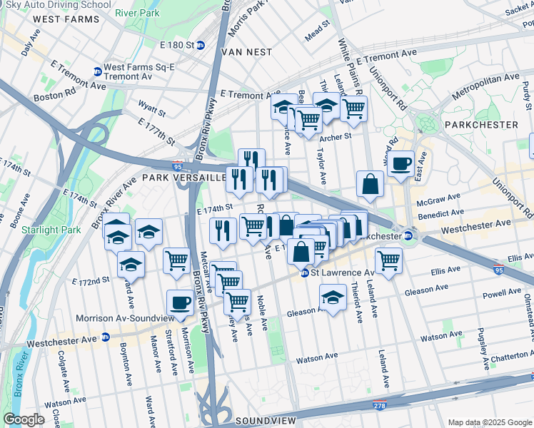 map of restaurants, bars, coffee shops, grocery stores, and more near 1351 Commonwealth Avenue in Bronx