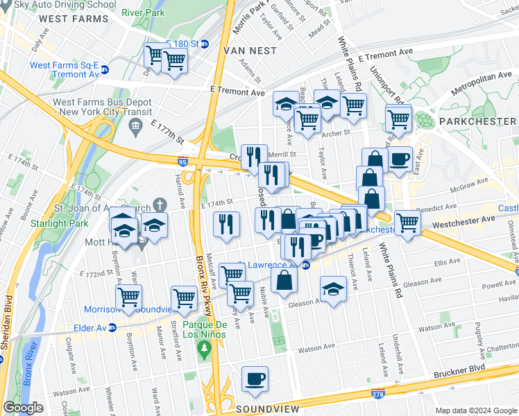 map of restaurants, bars, coffee shops, grocery stores, and more near in The Bronx
