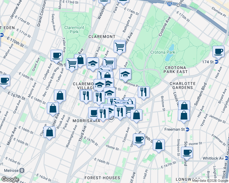 map of restaurants, bars, coffee shops, grocery stores, and more near 1399 Fulton Avenue in Bronx