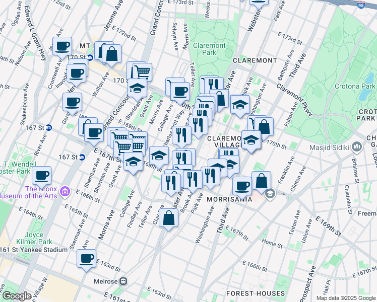 map of restaurants, bars, coffee shops, grocery stores, and more near in The Bronx